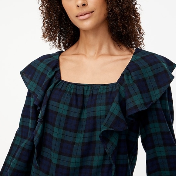 J Crew Flannel Squareneck Ruffle Top in Blackwatch Green Navy Black Plaid - Picture 4 of 7
